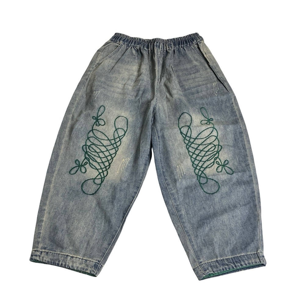 Lai Meng Five Cats Loose Harem Ankle Pants Womens M Blue Chambray Embroidered